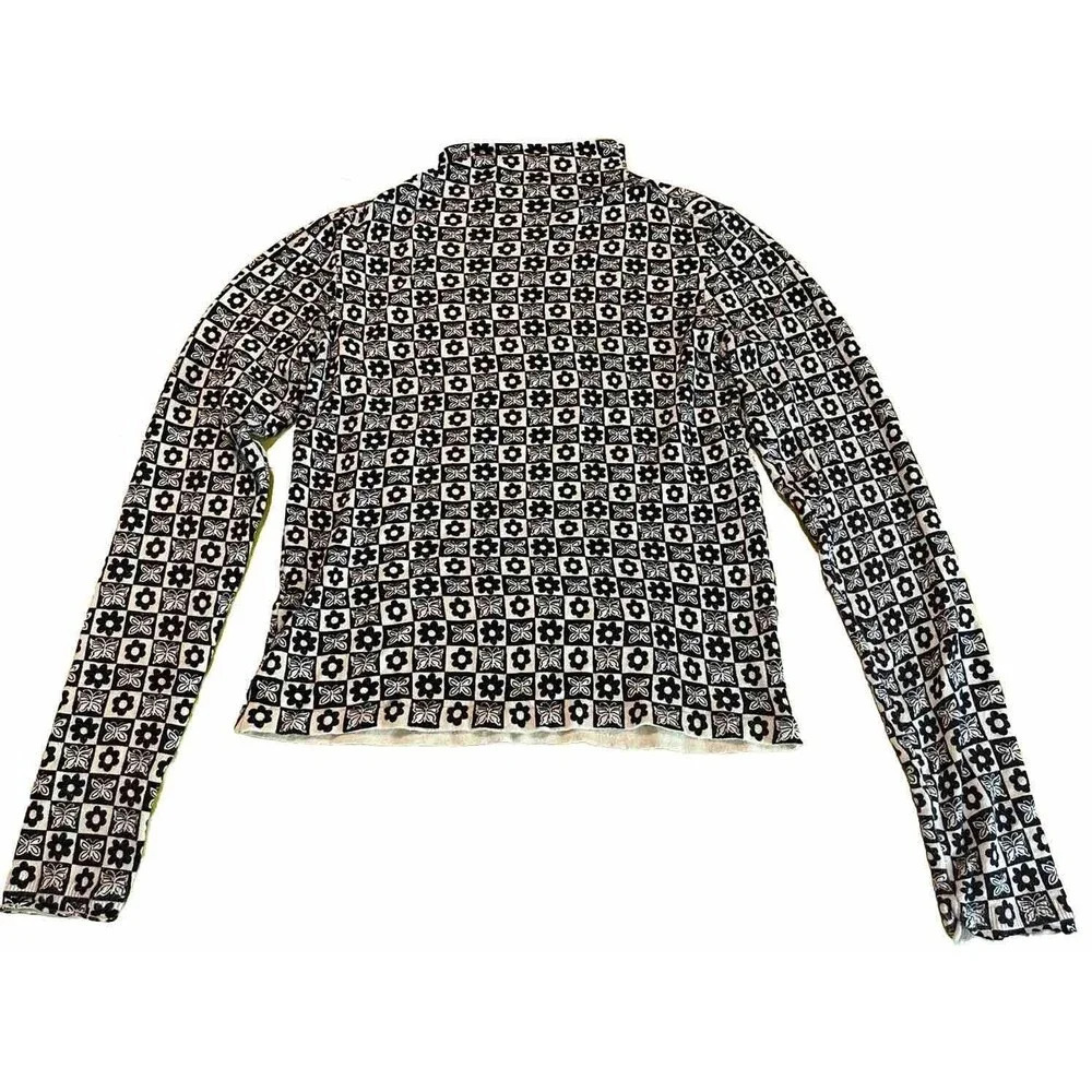 Urban Outfitters Cream Black Butterfly Flower Checker Print Soft Cozy Sweater M